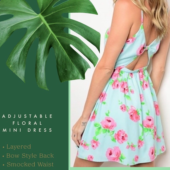 Light Blue Floral Mini Dress Adjustable Straps NWT - Picture 3 of 5